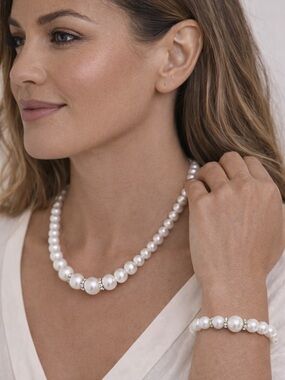Classic White Pearl Necklace and Bracelet Set w/ Rhinestone Accents